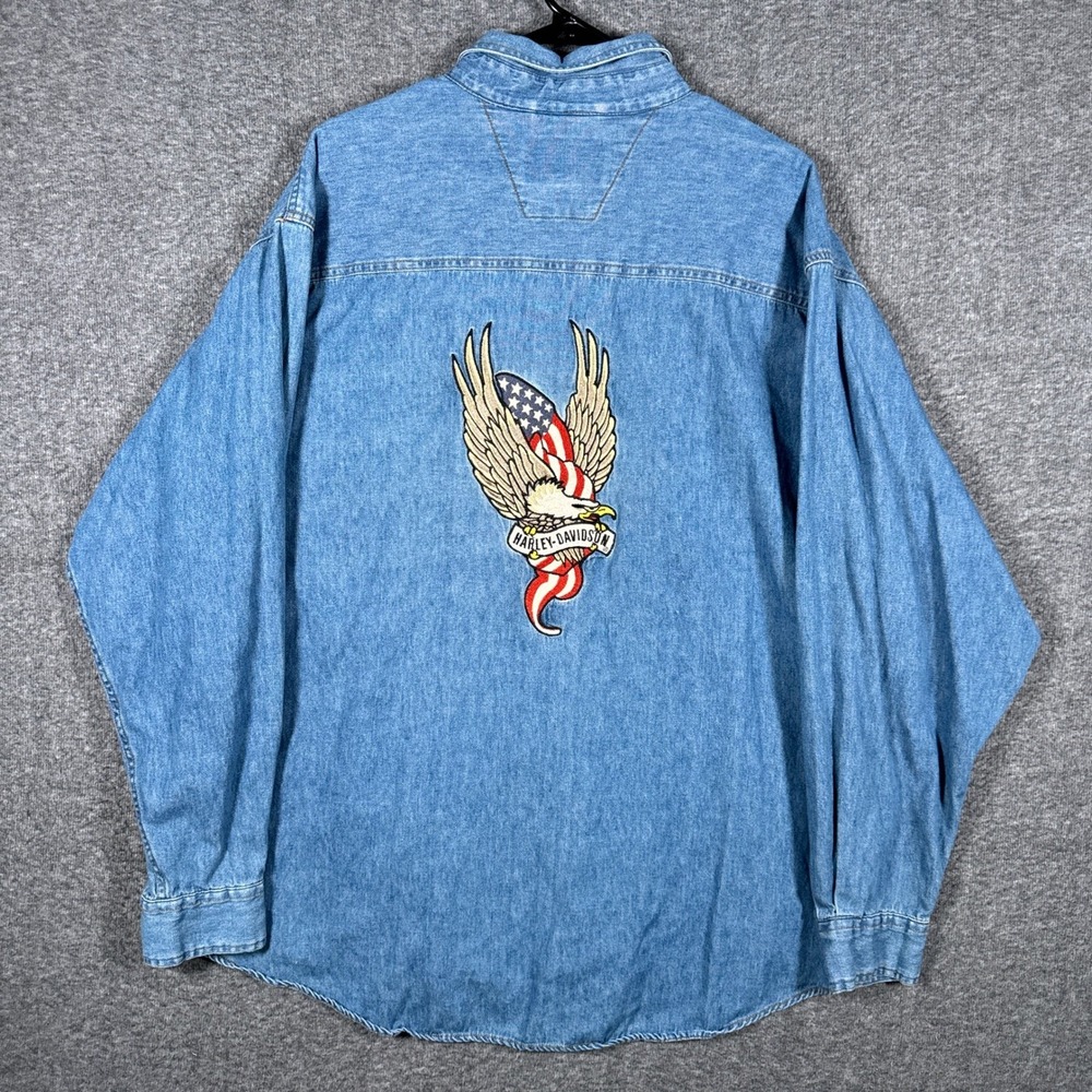 Harley Davidson Denim Shirt Mens XXL Blue Embroidered Eagle American Flag Biker